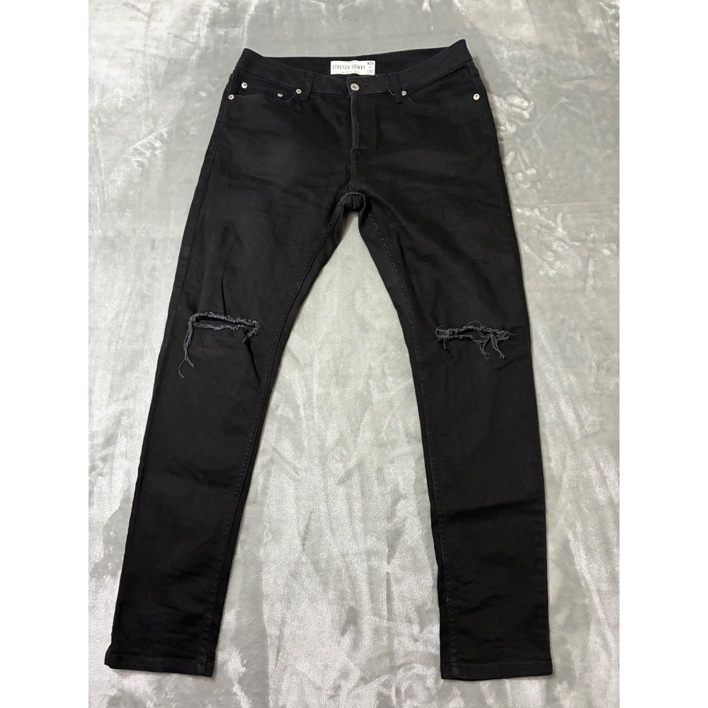 Topman Mens W34 L32 Stretch Skinny Ripped Knee Black Jeans RN125149